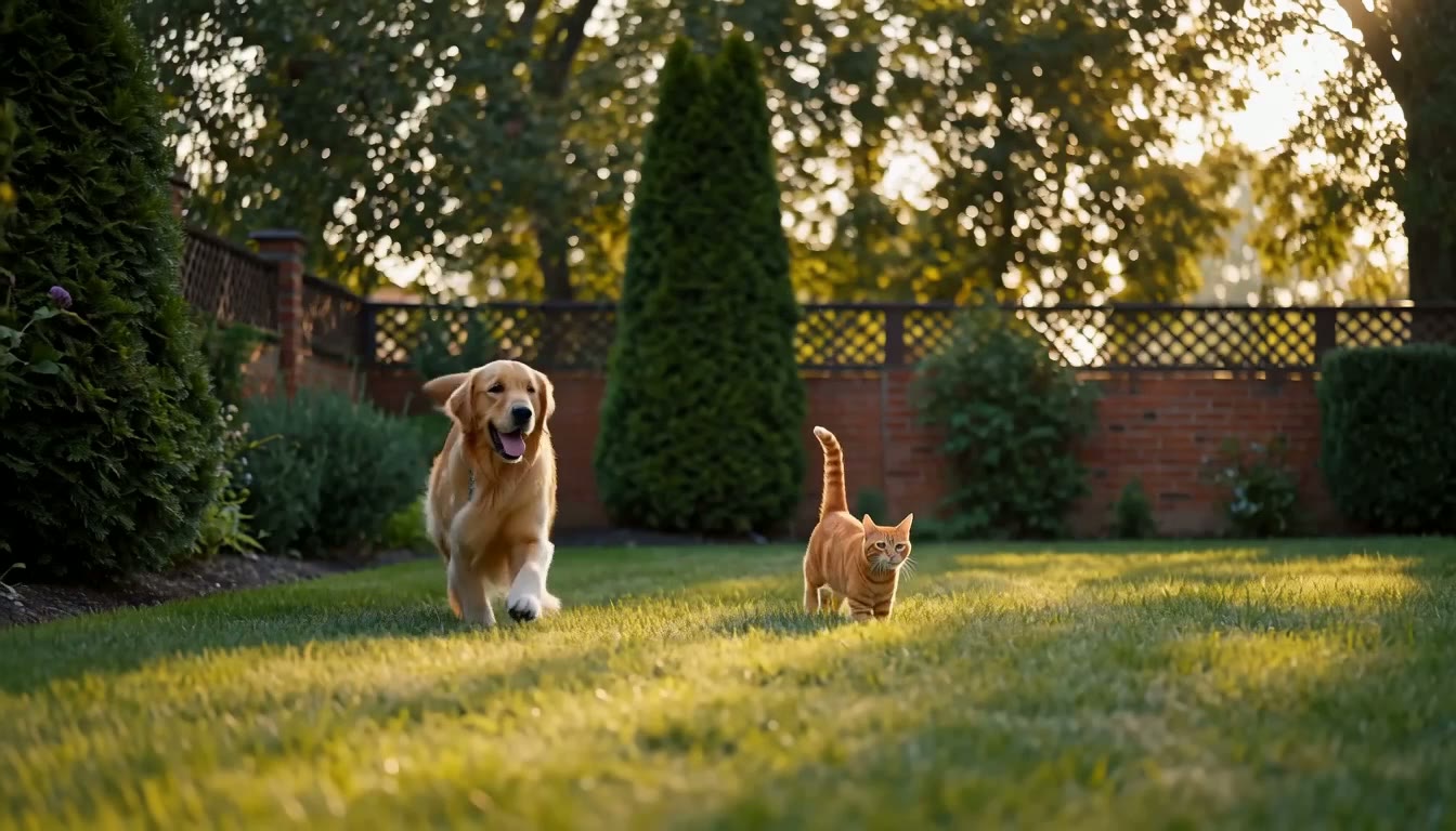 A golden retriever and an orange tabby cat sleeping side by side on a linen couch in warm morning sunlight.